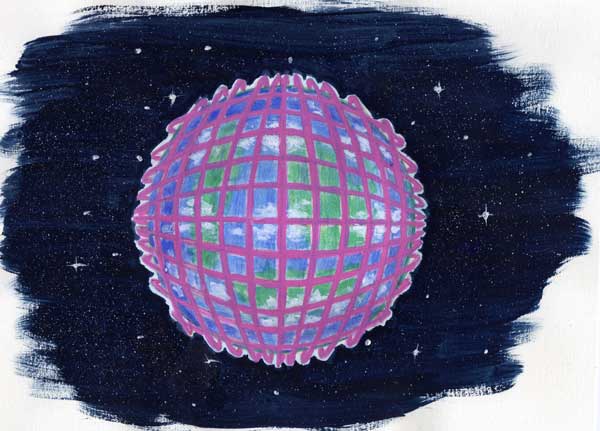 Coloured Drawing of Pink Grid Around Earth